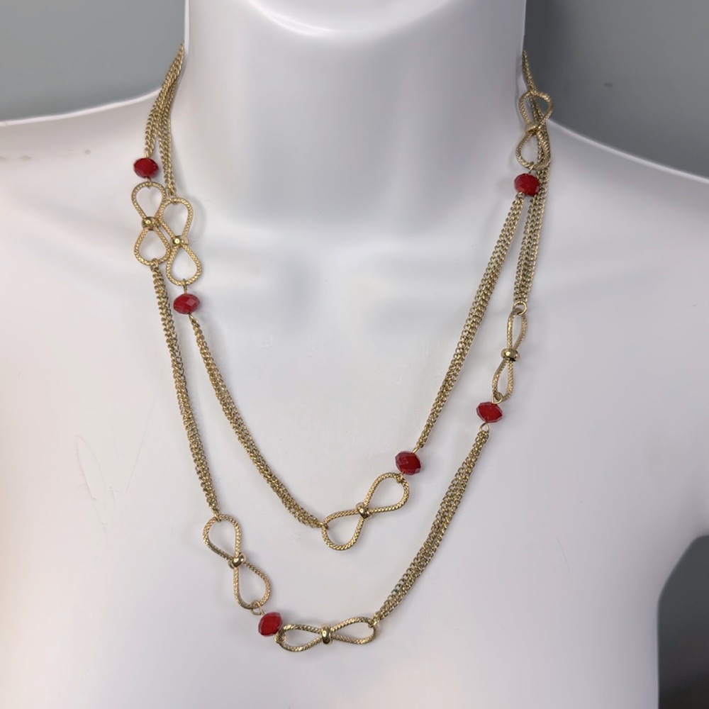 Vintage gold linked red faceted beads chain necklace